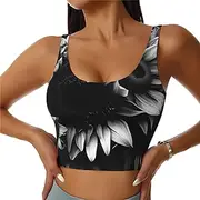 [EdWal] Black and White Sunflowers Print Sports Bras for Women Seamless Sports Bra, Wirefree Padded Workout Yoga Gym Fitness Bra