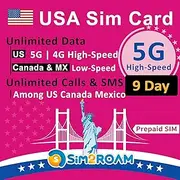 USA Prepaid SIM Card (T-Mobile Network) - Unlimited 5G/4G Data in USA (Hawaii Included) + Low-Speed Data in Canada and Mexico - Calls and Texts Among US, CA and MX (9 Days)