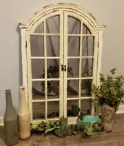 Distressed Rustic Antique Vintage Style Arched Windowpane Doors Wood Wall Mirror