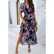 Women's Sheath Dress Chiffon Dress Sundress Floral Graphic Elastic Waist Print V Neck Cold Shoulder Long Dress Maxi Dress Elegant Tropical Party Date Short Sle