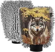 XYMZR Autumn Forest Wolf Absorbent Microfiber Car Wash Mitt, Funny Cute Anime Scratch Free for Cars Cleaning, Home Cleaning Mitts, 2 Pack, 10.24” L x 7.09” W