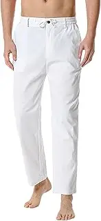 [Generic] Cotton Linen Pants for Men Drawstring Elastic Waist Yoga Pants Casual Summer Lightweight Beach Trousers with Pockets