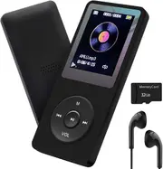Arungo MP3 Player 32GB with Speaker FM Radio Earphone Portable Hifi Lossless Sound MP3 Mini Music Player Voice Recorder E-Book HD Screen 1.8 Inch Black Support up to 128GB