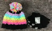 Children's Pom Pom Rainbow Toboggan Winter Hat With Gloves Large X Large 8+