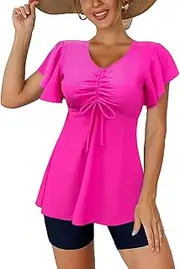 [Fanuerg] Women's Tankini Swimsuits Ruffled Flowy Tankini Tops with Boy Shorts Swimwear Tummy Control Two Piece Bathing Suits