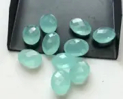 10x14mm Aqua Chalcedony Faceted Oval Stones, 4Pcs Aqua Double Side Cut Gems
