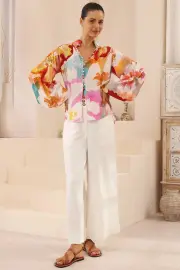 Faye Blouse - Mandarin Collar Balloon Sleeve Button Down Shirt in Millie Print