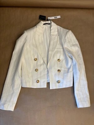 NWT $450 ELIE TAHARI Blazer Metallic Pinstripe Cropped Sz Small White Gold Linen