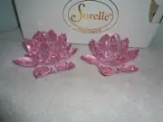 Set Of 2 SORELLE Pink Lotus Flower Crystal Teardrop Shapes Candle Holders