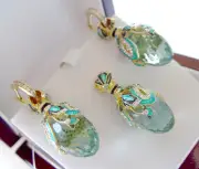 SALE ! SUPERB ENAMEL EGG PENDANT & EARRINGS SET STERLING SILVER 925 AQUAMARINE