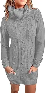 [Aosufei] Women's Turtleneck Chunky Knitted Dress Crew Neck Long Sleeve Solid Dress Slim Sweater Dresses with Pocket