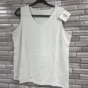womens L sleevless white top Bob Mackie wearable art v neck stretch fitted NWT