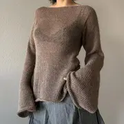 Long Wide-Sleeve Boatneck Plain Knit Top Brown - S