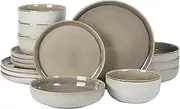 Gibson Elite Sunveil 16 Piece (Service for 4) Plates and Bowls Reactive Glaze Round Dishes Stoneware Ceramic Dinnerware Set -Taupe