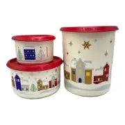 Tupperware New Set 3 Christmas 2022 One Touch Canisters Beautiful Village Theme
