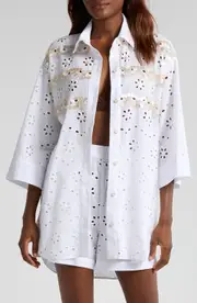 Agua Bendita Chrissy Kai Eyelet Cover-Up Button-Up Tunic in White at Nordstrom, Size Small
