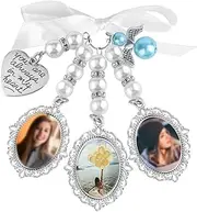 [SAVITA] 1pc Wedding Bouquet Photo Charm with 3pcs Picture Frames 3pcs Oval Glass Cabochons Aesthetic Bridal Bouquet Charm Holders with Bow-Knot Rhinestone Pearl Heart Styled Pendent for Bridal Shower,