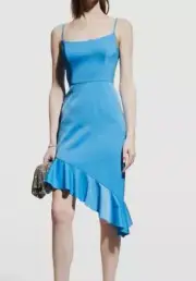 $195 Aidan By Aidan Mattox Women's Blue Asymmetric Ruffle-Hem Dress Size 8