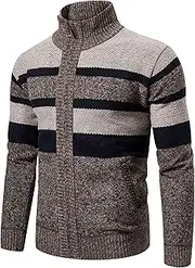 [Generic] Men Stand Collar Color-Block Sweaters Cardigan Full Zip Stand Collar Stripe Knitted Cardigan