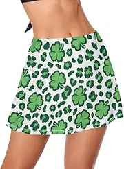[GuoChe] Women's Swim Skirt with Shorts High Waist Shamrock Unique Beauty Leopard St Green Tankini Bottoms Swimwear