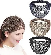 Lace Headbands for Women, Lace Pearl Hollow Elastic Headbands Bohemian Hair Bands Summer Hair Accessories for Women Girls Yoga, Working Out, Gym, Running(3 Colors)
