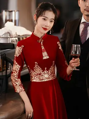 中式旗袍敬酒服新娘冬季結婚紅色禮服女回門訂婚連衣裙秀禾高級感