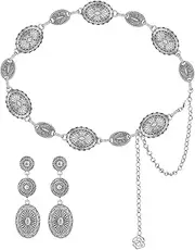 [Mikovivi] Western Concho Belt and Cowgirl Earrings Set, Silver Exquisite Vintage Oval Elements Waist Chain Dangle Earrings Boho Jewelry Gift for Women Country Concert Outfit, Medium, Zinc, No Gemstone