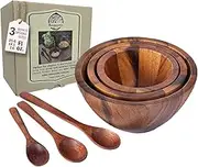 Tiny Nesting Round Wood Bowls Mix Size Stackable Acacia Wooden Bowl Set with Dia 4", 5", and 6" with 3 Spoons for Serving Salad, Fruit, dip Sauce, Salsa, Snack, Rice, Pasta, Cereal, Decor Nest Dish