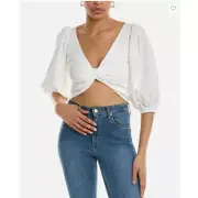 Amur Organic Cotton Puff Sleeve Front Twist Cropped Top Blouse White Large NWT