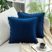 2x Square Throw Pillows with Cute Pom-poms for Couch Sofa Bedroom Decor (Inserts + Pillow Covers, Navy)