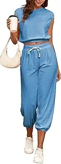 [Famulily] Women Tracksuit Casual Solid Color Cap Sleeve Crop Top and Drawstring Elastic Waist Capri Jogger Pants S-XL