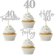 48Pcs 40th Birthday Cupcake Toppers Glitter Hello 40 Cupcake Topper 40 Fabulous Forty Cupcake Picks for Happy 40th Birthday Wedding Anniversary Party Cake Decorations Supplies, Silver