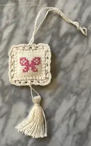 finished completed cross stitch scissors fob butterfly crochet border tassel
