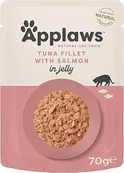 Applaws 100% Natural Wet Cat Food Tuna Fillet with Salmon in Broth, Limited Ingredients Pet Food 70g Pouch (Pack of 16)