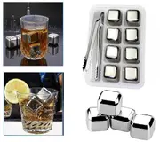 Stainless Steel Whiskey Stones x 8 Ice Cubes With Tong Reusable Cooling Ice Cube