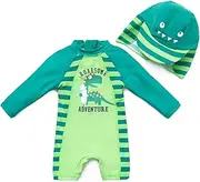 BONVERANO Baby Boy One Piece Long-Sleeved Clothing UV Protection 50+ Swimsuit with One Zip, Green Dinosaurs, 24 Monate
