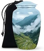 Nature Mountain Urn - Misty Sky Blue & Green Memorial Urn - Cremation Urns for Human Ashes Large - Funeral & Burial Urns for Male & Female - 10 Inch