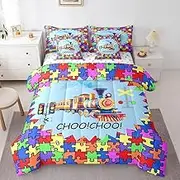 Cartoon Train Bedding Set,Geometric Puzzle Print Full Comforter Set with Sheets for Kids Boys Teens Room Decor,Transport Vehicles Bed in a Bag 7 Piece for Bedroom Living Room