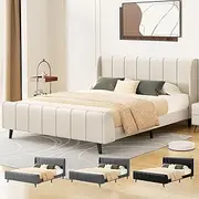 ALFORDSON Bed Frame Base Double Size with Headboard, Bed Platform Foundation with Linen Fabric Upholstered for Mattress Topper, HUNDOLF Series Fabric Beige