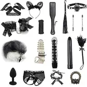 BDSM Restraints Sex Toys 18pc Bondage Restraints Set Fetish Bed Restraints Kits for Beginners Light SM Adult Games Safe BDSM Cuffs Nipple Clamps Flogger Ball Gag Blindfold Rope Black Cosplay