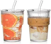 VITEVER 2-Pack 380ml Glass Cups with Lids and Straws, Iced Coffee Cup with Straw, Airtight Waterproof Design Coffee Travel Mug, Smoothie Cups