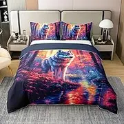 Manfei 3D Wolf 100% Cotton Duvet Cover Set Queen Size, Wild Animal Theme Bedding Set 3pcs, Woodland Wildlife Comforter Cover for All Season, Kids Boys Girls Room Decor, 2 Pillowcases, No Comforter