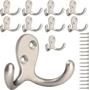 IBosins 10 Pack Heavy Duty Double Prong Coat Hooks Wall 10 Pcs Silvery