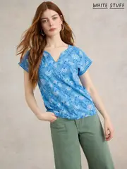 White Stuff Blue Nelly Notch Neck 100% Cotton T-Shirt (N69164) | $68
