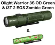 Olight Warrior 3S OD Green Waterproof Flashlight & I3T 2 EOS Zombie Green Light