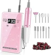 Professional Electric Nail Drill File:COSYGLOW Glitter Portable Cordless E-File Nail Drill Kit with 11 Drill Bits,30000 RPM Rechargeable Nail Drills Machine for Acrylic Nails Gel Polishing (Pink)