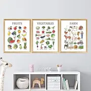 Vegetables Fruits Wall Art Farm Watercolor Chart Educational Poster Nursery Learning Canvas Print Nordic Kid Room Wall Pictures Decor 40x60cmx3 Unframed