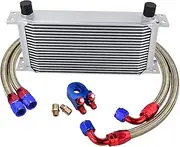 APTPKGDFDK Universal 19 Rows Oil Cooler KIT +Oil Filter Sandwich + Stainless Steel Braided AN10 Hose with PQY Sticker+Box Oil Cooler(Silver 19ROWS 6723BR)