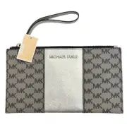 Michael Kors Center Stripe Signature Zip CLUTCH Wristlet Wallet Gray Silver NEW