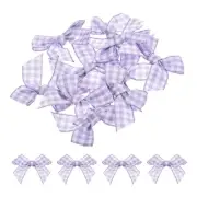 10Pcs Mini Gingham Ribbon Bow 1.5" Checkered Fabric Satin Light Purple and White